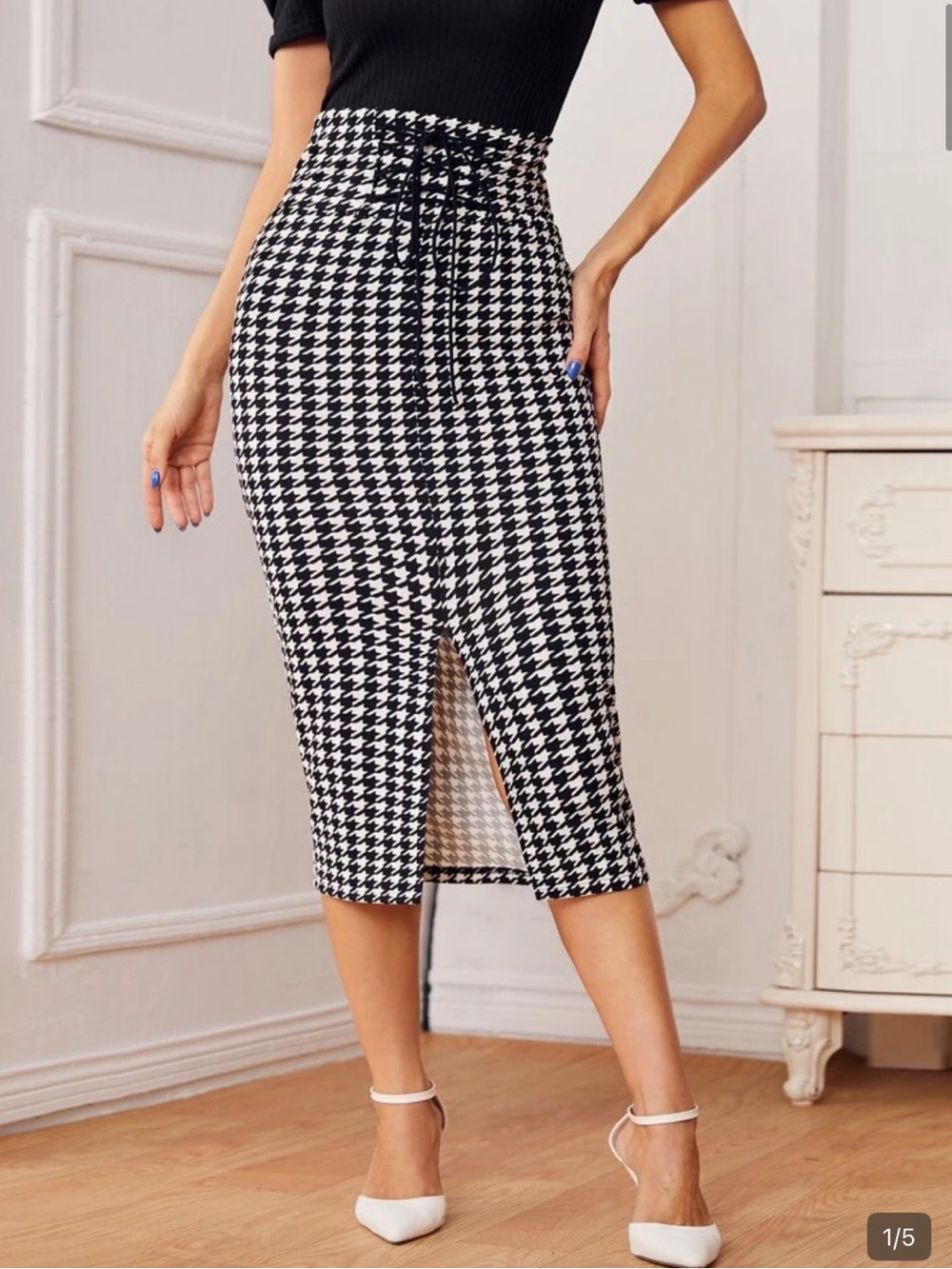 SHEIN Black & White Houndstooth High-Waist Midi Skirt